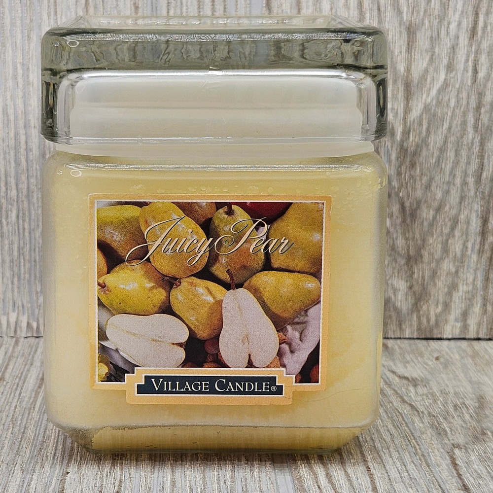 Village Candle Rare Juicy Pear 16oz Square Glass Jar 2 Wick Candle Yellow